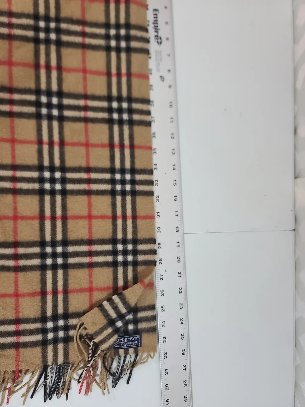 Burberry Tan Plaid Wool Scarf with Black and Red Accents